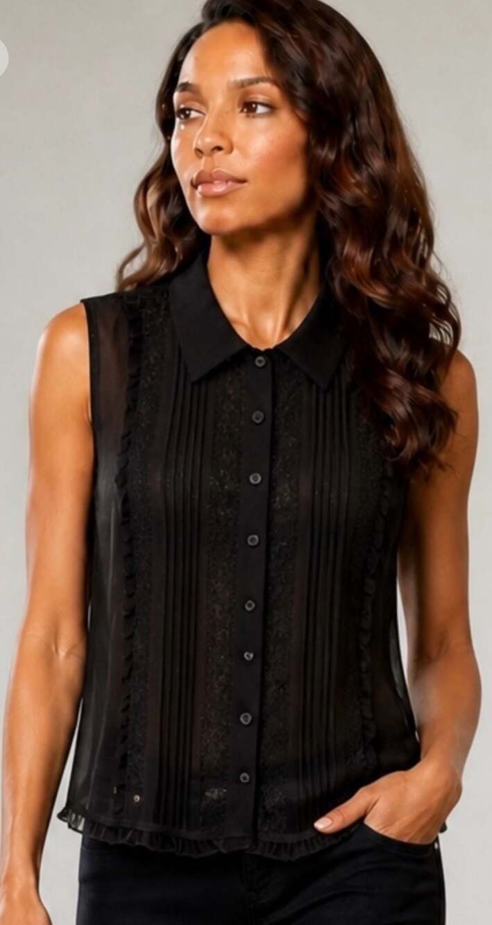 Spenser Jeremy Black 100% Silk Pintuck Pleated Crochet Lace Trim Sleeveless Butt